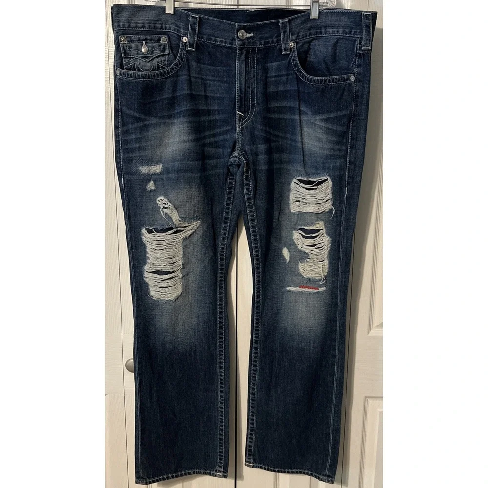 True Religion World Tour Dark Wash Straight Leg Distressed Jeans Sz 42 (44x34)